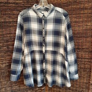 beachlunchlounge Women's XL Blue Plaid Babydoll Button Down Shirt Beachy Boho
